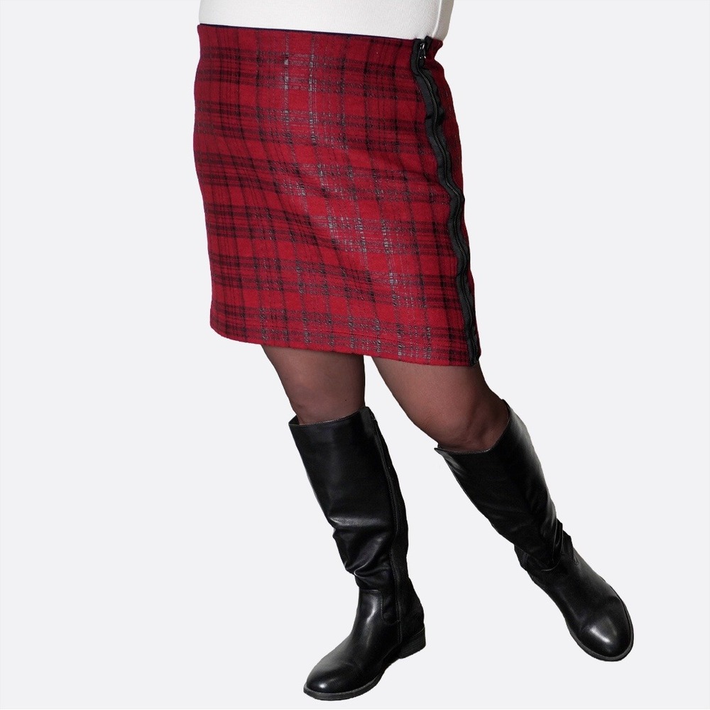 Noir Grunge Crimson Tartan Stretch Mini Skirt Coated Plaid Full Side Zip XL 1X‎